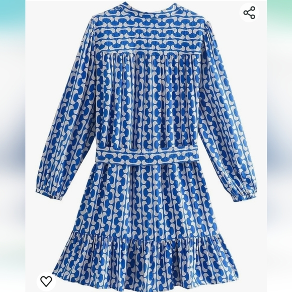 Zara The Paula Blue and White Geometric Design Dress Size XXL Belted - Picture 5 of 16